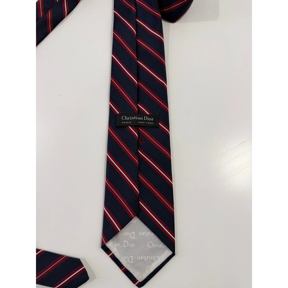 Christian Dior Tie Navy Blue Red White Striped Logo Mens